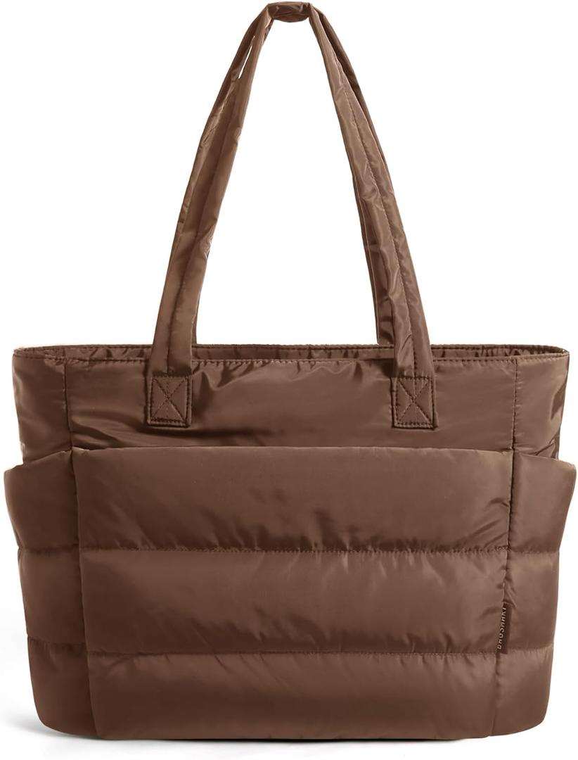 BAGSMART Tote Bag for Women, Lightweight Puffy Tote Bag with Compartments Shoulder Bag Handbag for Travel, Work, Gym | Lightweight (Standard, Coffee), 16.1''L x 6.1''Wx 12.2''H