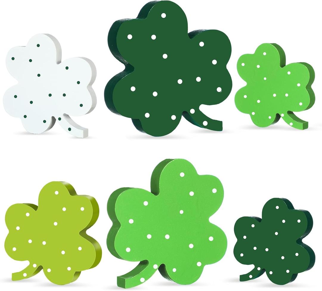 6 Pcs St Patrick's Day Decorations Wooden Shamrock Table Decorations St. Patrick's Day Table Centerpiece Irish Green Clover Tiered Tray Decor for Home Kitchen Shelf Signs Party Supplies