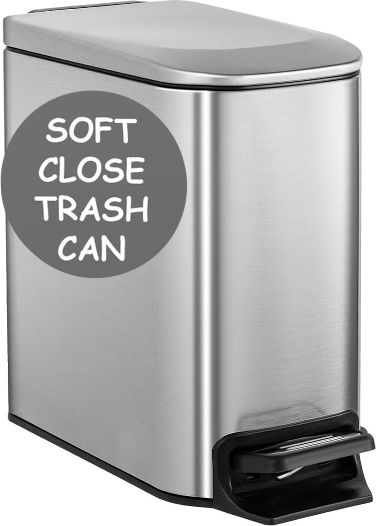 Homie Soft Close, Slim Trash Can 6 Liter / 1.6 Gallon with Anti - Bag Slip Liner and Lid, Use as Mini Garbage Basket, Slim Dust Bin, or Decor in Bathroom, Restroom, Kitchen, or Bedroom