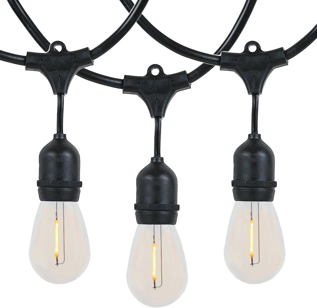 Novelty Lights 48 Feet Warm White, 2200K LED String Lights Outdoor with 24 Edison Style Bulbs, Suspended Sockets, Black Wire, Shatterproof and Weatherproof Patio String Lights for Backyard