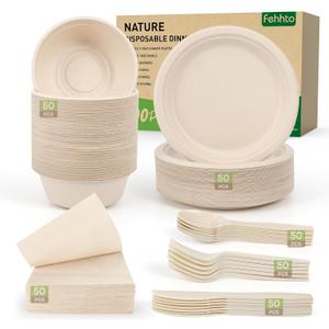 Disposable Paper Plates Set 300PCS Compostable Sugarcane Plates, Bowls, Heavy-duty Utensil, Biodegradable Napkins, Eco-friendly Dinnerware Set for Party Camping 50 People