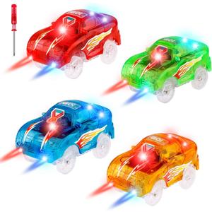 4pcs Tracks Cars Replacement Only - Light Up Magic Cars for Tracks Compatible with Glow in the Dark Toy Cars with 5 Led Flashing Lights for Most Race Tracks, Toys for 3+ Years Old Childs Boy and Girls