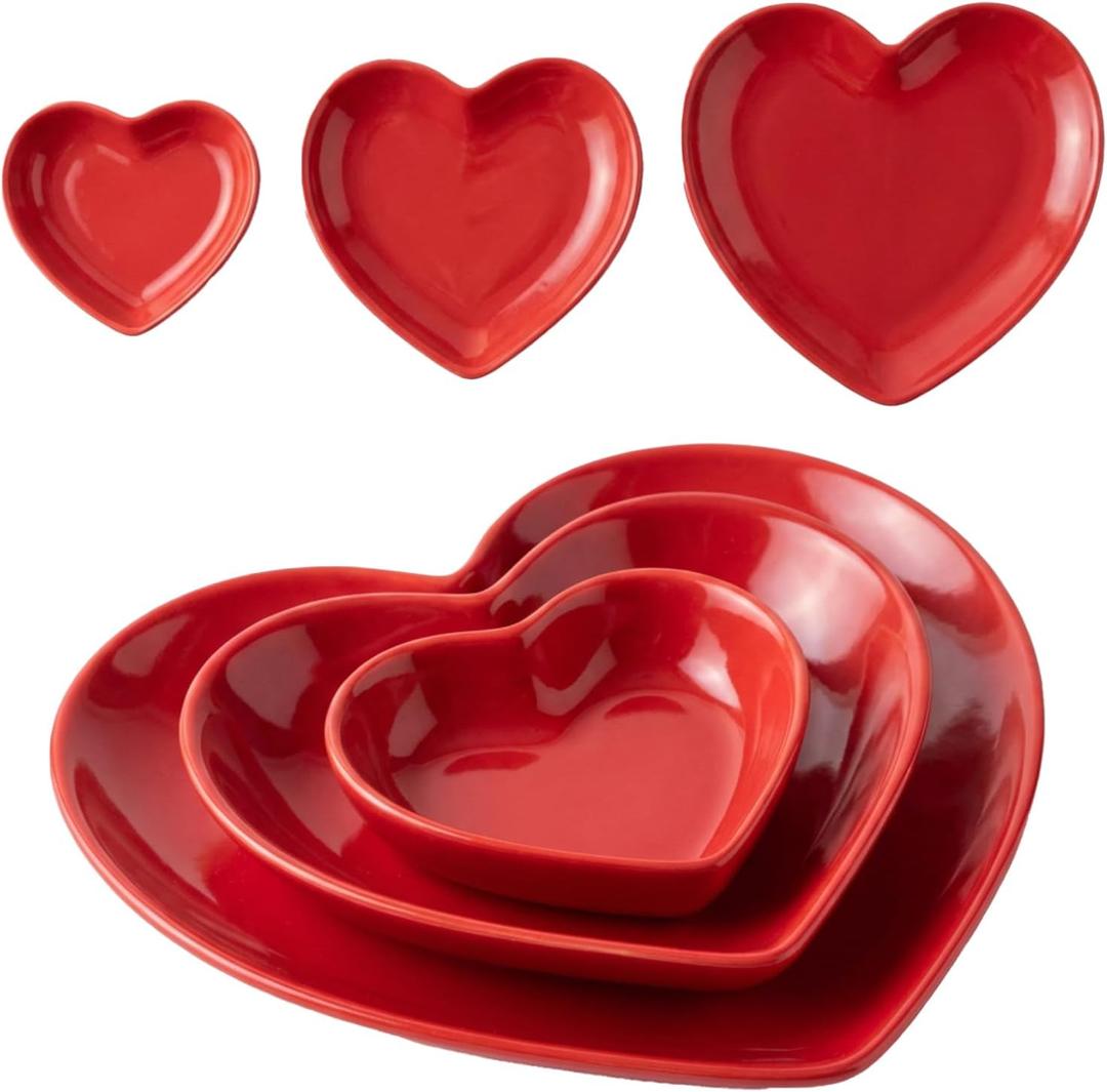 Suclain Valentines Day Red Heart Shaped Ceramic Plate Set of 3 Heart Dinner Dishes 3.15 4.92 7.09 Platter for Dish Dessert Salad Bowl for ValentineS Day Party Supply Microwave Dishwasher Safe
