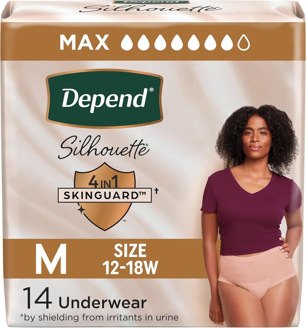 Depend Silhouette Adult Incontinence & Postpartum Bladder Leak Underwear for Women, Maximum Absorbency, Medium, Pink, 14 Count, Packaging May Vary