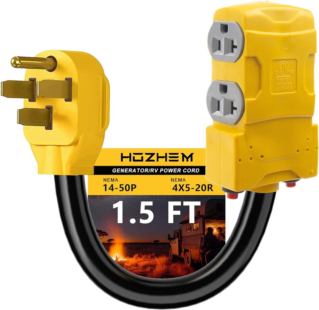 50 Amp to 20 Amp 110V RV Distribution Adapter, NEMA 14-50P to 4 X 5-20R/15R RV Generator Adapter, 4-Prong to Mutiple Household Outlet w/ 20amp Circuit Breaker, 1.5FT