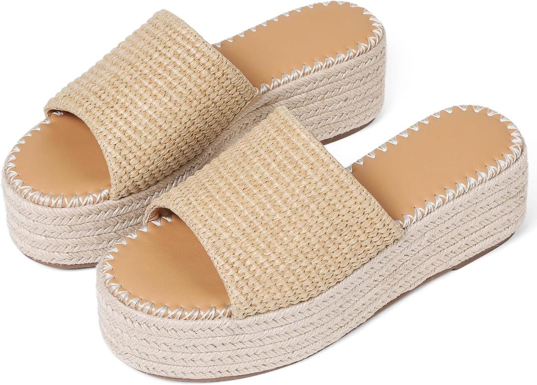 VOMIRA Platform Sandals Women Espadrille Wedge Sandals for Women Open Toe Slip On Flatform Rafiia Slide Sandals Summer Beach Sandals Bohemia Dressy Sandals (6.5, Apricot)