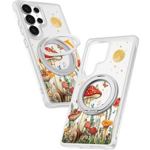 Uppuppy for Samsung Galaxy S25 Ultra Case - Compatible with MagSafe for Women Girls Bulit-in 360°Rotatable Magnetic Ring Holder Kickstand Cute Aesthetic Mushroom Butterfly Design for Samsung S25 Ultra