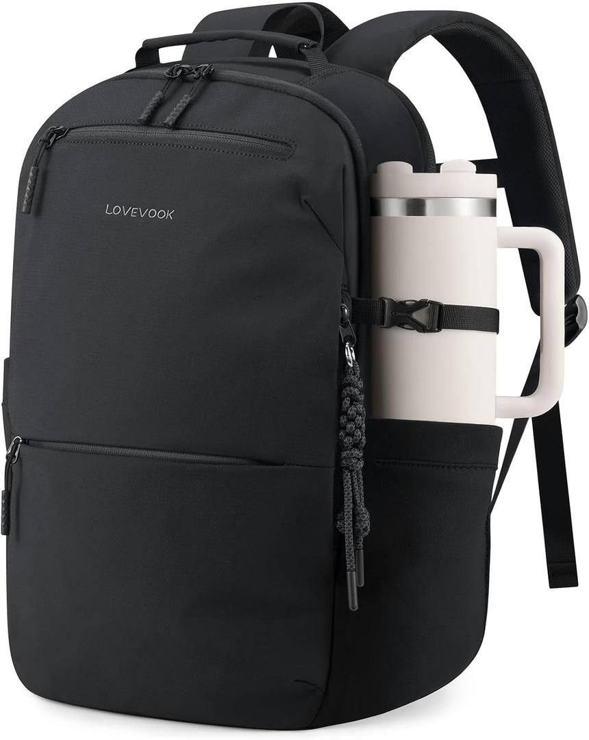 LOVEVOOK Laptop Backpack for Women Men with Giant Tumbler Holder - 15.6Inch Work Computer Travel Backpack with Laptop Compartment, Water Resistant, Cute Commuter College Teacher Nurse Purse Bag,Black