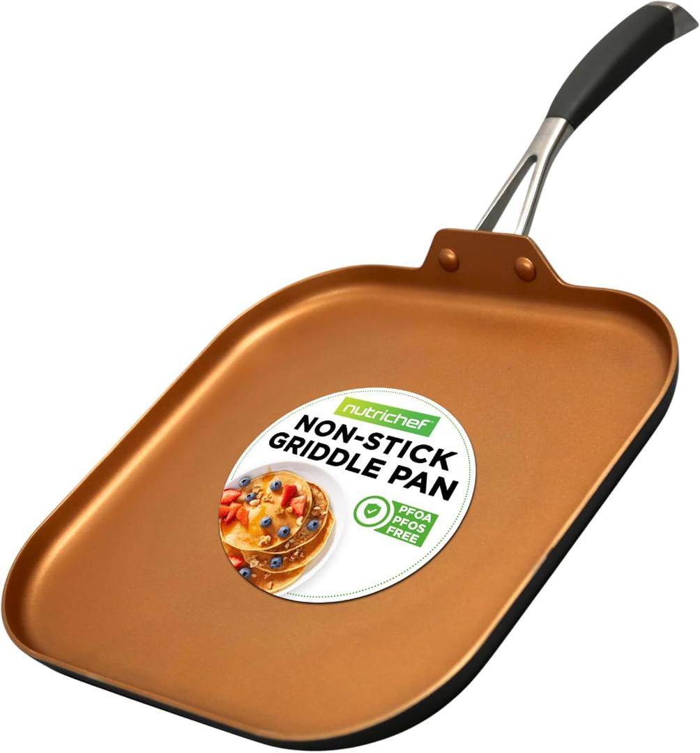 NutriChef Copper Pan Non-Stick Coating Inside, Hard-Anodized Look Heat Resistant Lacquer Outside, Silicone Handle NCSQPA, 1 Griddle, Style: Square flat griddle pan, 
Capacity	5 quarts