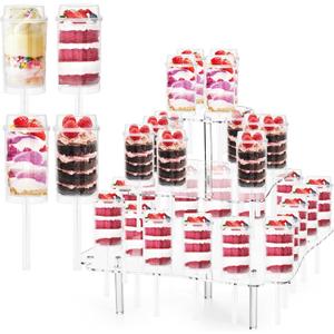 TOPZEA 32 Pack Push Cake Pop Containers & 32 Holes Acrylic Clear Cake Stand, Plastic Reusable Round Shaped Push Up Cakes Pop Shooters Cup with Lids & Treat Stand for Wedding Birthday Christmas Party