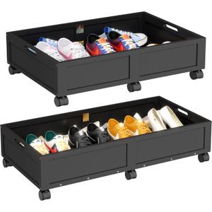 WISUCART Wood Under Bed Storage Containers Underbed Organizer with Wheels Sturdy Wood Rolling Under Bed Shoe Storage Organizer 2 Packs (Black, Large)