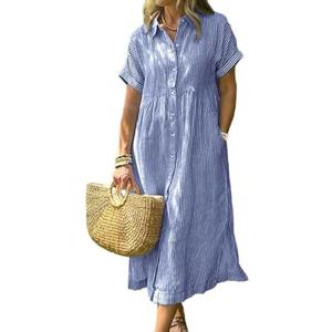chouyatou Women's Summer Striped Midi Long Shirt Dress Casual Loose Short Sleeve Button Down Dress, L