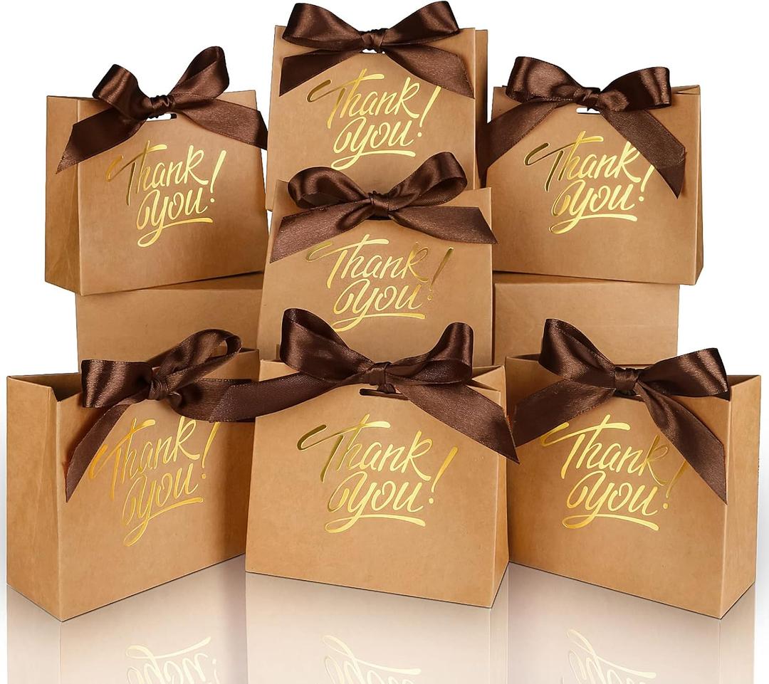 100 Pack Small Thank You Gift Bags, 4.5x1.8x3.9in Party Favor Bags Boxes with Bow Ribbon, Small Paper Gift Bags with Gold Foil Printed, Mini Candy Treat Bags for Birthday Wedding Party Holiday (Brown)