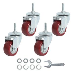 Finnhomy Swivel Caster Wheels 2 Inch Heavy Duty Threaded Stem Casters 1/4"  20 x 1 with Brake Set of 4 for Wire Shelves Wheels PU Load Bearing 800 Lbs Antiwear Smooth Casters, Red