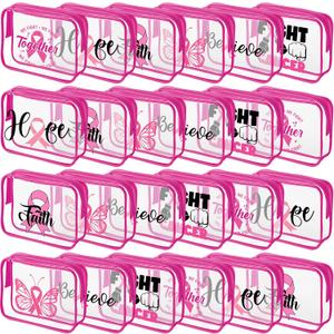 Frienda 24 Pcs Breast Cancer Awareness Makeup Bags Pink Ribbon Cosmetic Bags PVC Clear Breast Cancer Survivor Gifts Bulk Hope Faith Believe for Women Girls Charity Public and Social Event Supplies