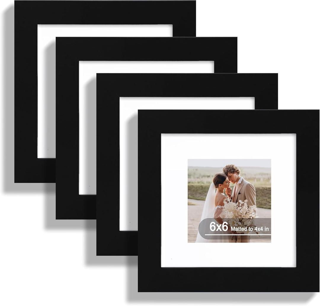 Hongkee 6x6 Picture Frame Set of 4, Made of Real Glass and Black Wooden Frame - Display Picture 4x4 with Mat or 6 x 6 Without Mat, 6x6 Photo for Wall or Tabletop