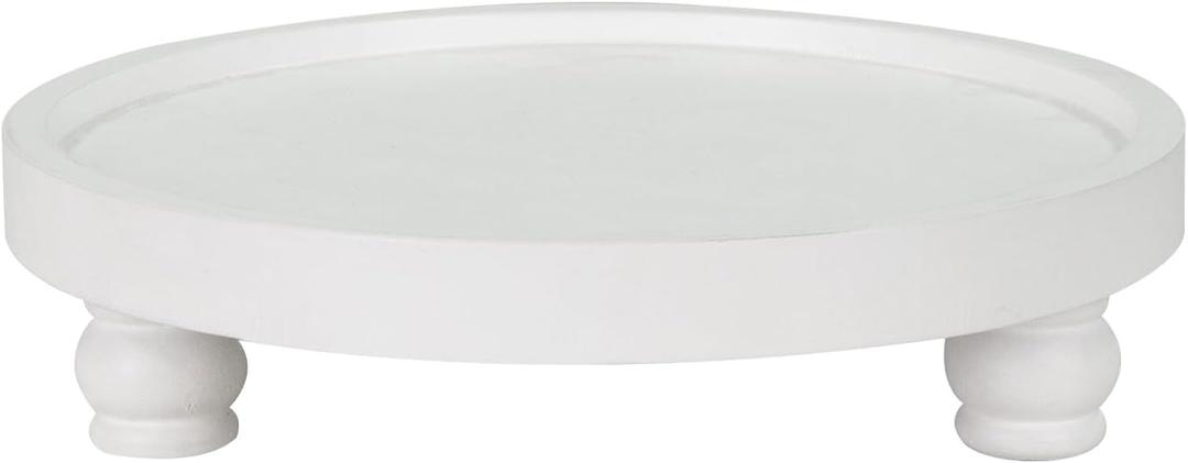 MAONAME Decorative Round Wood Riser for Display, Farmhouse Pedestal Stand for Kitchen Counter, White Wooden Risers Tray for Home Decor, Pedestal Tray for Living Room Decor
