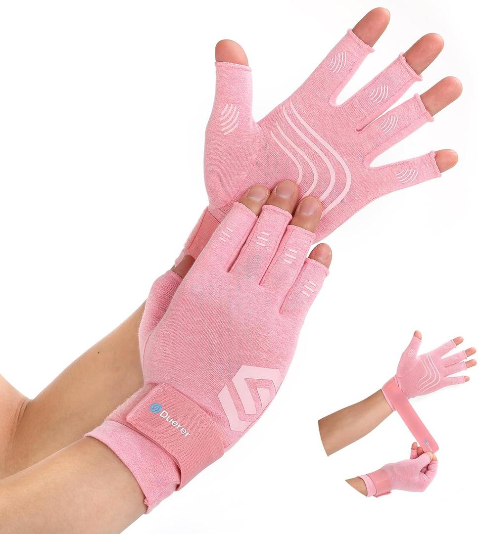 Duerer Arthritis Compression Gloves with Straps, Women Men for RSI, Carpal Tunnel, Rheumatoid, Tendonitis, Hand Pain, Hand Support. Fingerless Gloves for Computer Typing and Daily work (Pink, S) (Small (1 Pair))