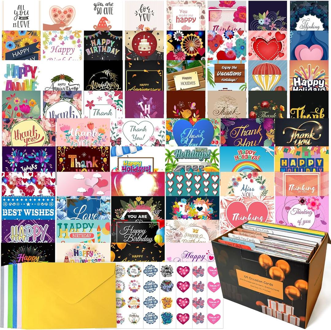 64 Pack All Occasion Cards Assortment Box with Envelopes & Stickers, 46 Inch Assorted Blank Greeting Cards for Birthday, Holiday, Love, Anniversary, Thinking of You, Thank You Cards