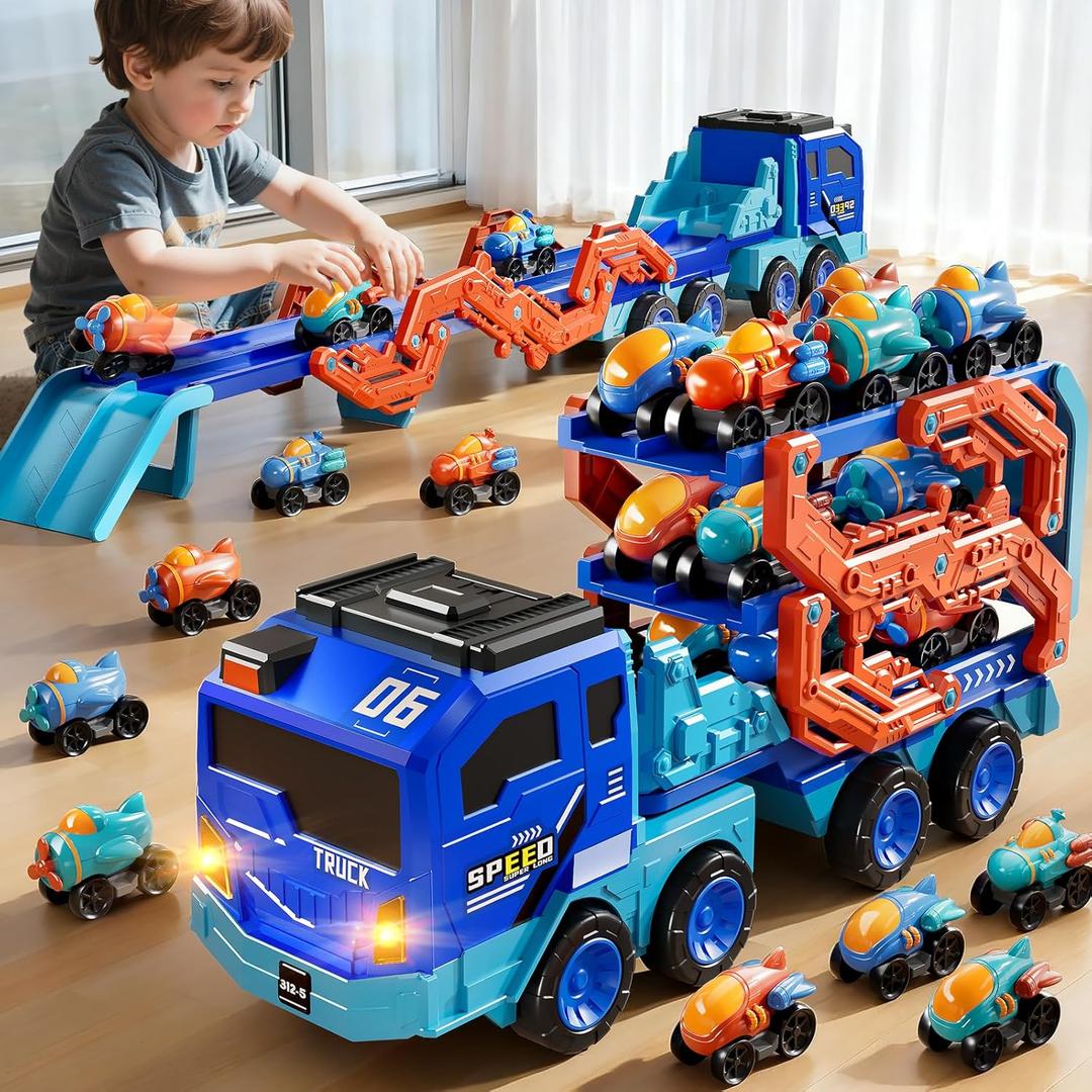 Toddler Car Truck Toys for Kids Boys Ages 3-5, 10-in-1 Foldable Carrier Space Truck Toys with Lights & Sounds and 9 Race Cars, Birthday Gift for 3 4 5 6 7 8 Years Old Boys Girls
