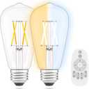 Vintage Remote Control LED Edison Light Bulbs- E26 Standard Base- Dimmable 4Watt(40W Equivalent)- Adjustable Color Temperature (2700K- 5000K)- No App or Wi-Fi Required- Remote Included- 2 Pack