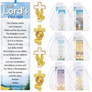 Supervitae 24 Pcs/ 12 Sets The Lord's Prayer Bookmark Cross & Praying Hands Pin Gift Bulk, Include 12 Praying Hands Gold Plated Pins 12 Christian Bookmarks for Religious Adult Church Party Favors