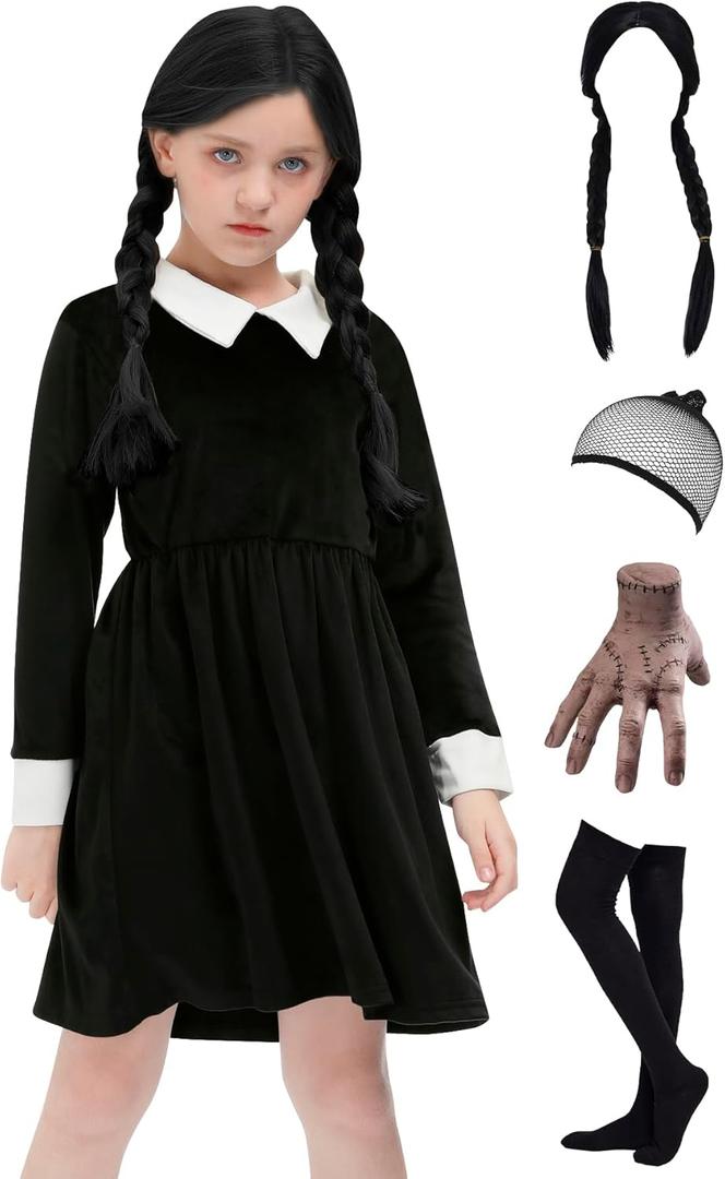 BesserBay Halloween Velvet A-Line Long Sleeve Costumes Pleated Wensday Mini Dress Black 8 Years