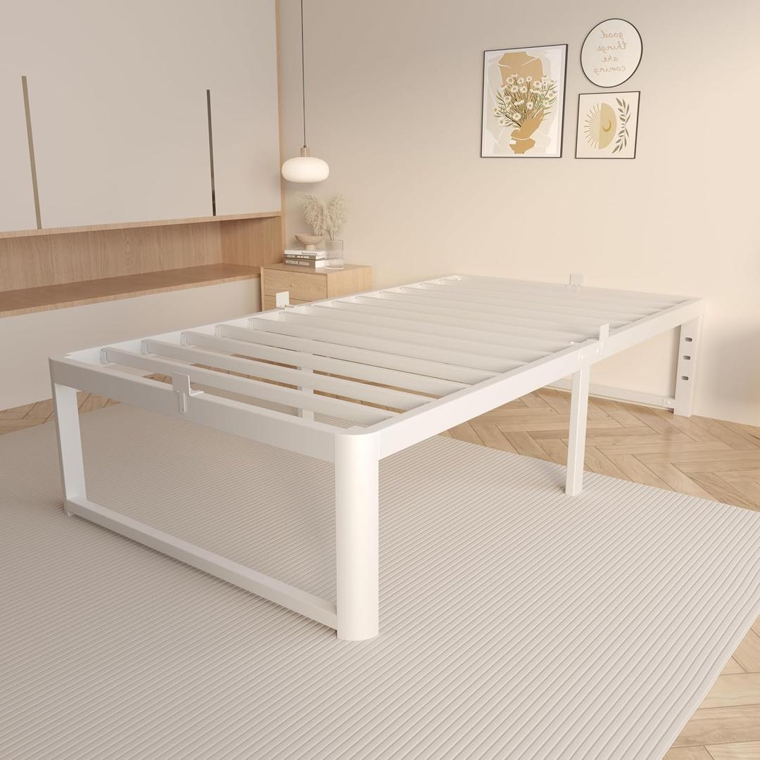 VYM 16 inch Twin Platform Bed, Heavy Duty Steel, No Box Spring, White