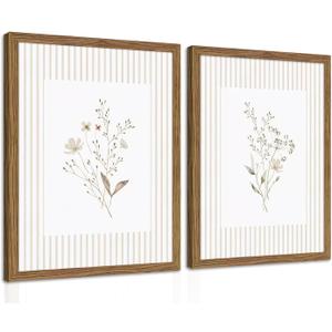 Neutral Wildflower Wall Art Set of 2, Vintage Flower Botanical Wall Decor Painting, Rustic Cottagecore Striped Floral Prints Pictures for Living Room Bedroom 16x24 Inch Framed, 24L" x 16W"