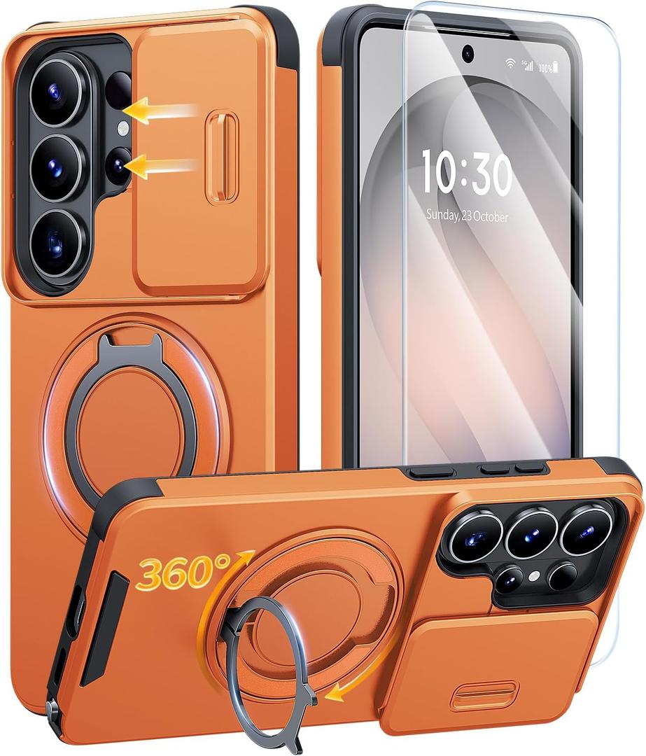 JAME for Samsung Galaxy S26 Ultra Case, Ring Holder Stand Kickstand, Slide Camera Cover with Screen Protector, Dual-Layer Shockproof Protective Magnetic Accessory Friendly S26 Ultra Phone Case, Orange