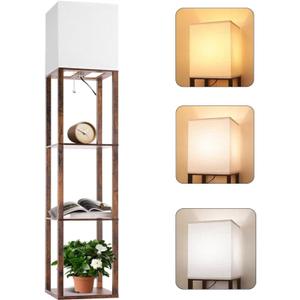 Floor Lamp with Shelves, Modern Wood Standing Shelf Lamp with 3 CCT LED Bulb and White Shade for Living Room Bedroom and Office Deco-Brown