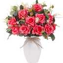 LESING Artificial Rose Flowers with Vase Faux Silk Fake Rose Flowers Bouquets in Vase Table Centerpiece Arrangement for Home Wedding Decoration (Red)