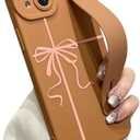 jueaes for iPhone 14 Case with Wrist Strap Elegant Bow Ribbon Design with Adjustable Wristband Kickstand Shockproof Soft TPU Camera Protection Phone Cover for Women Girls - Brown Ribbon