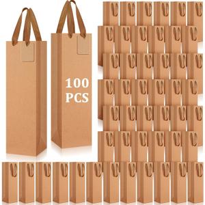 Windyun 100 Pack Wine Gift Bag Wine Tote Bags Bulk 3.9 x 3.5 x 13.8 Inch Kraft Paper Bag with Handles for Small Business Present Wedding Party Supplies (Kraft)