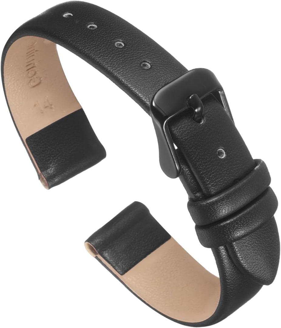 uxcell Multi-sizes Genuine Leather Band, Flat Thin Elegant Leather Watch Strap for Men and Women (14mm, Black/Black)