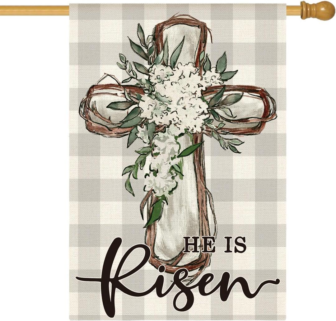 AVOIN colorlife He Is Risen Easter House Flag 28x40 Inch Double Sided, Buffalo Plaid Lily Cross Yard Outdoor Decoration (green)