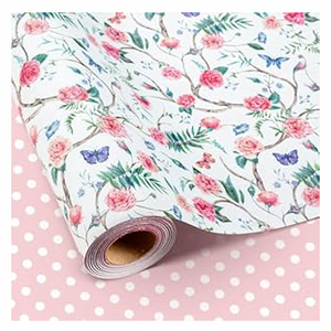 Retrify Pink Flowers Wrapping Paper Roll - 17 Inches x 32.8 Feet Mini Roll Cute Butterfly and Polka Dots Gift Wrap Paper for Mother's Day, Wedding, Birthday, Baby Shower, Holiday