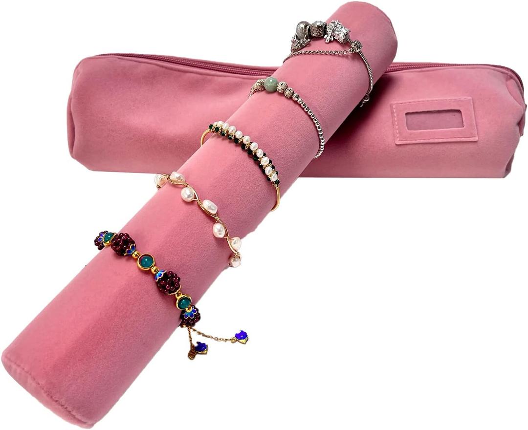 Velvet Jewelry Roll Bag for Brackets Bangles Watches, Great Jewelry Organizer for Travel, Blush Pink