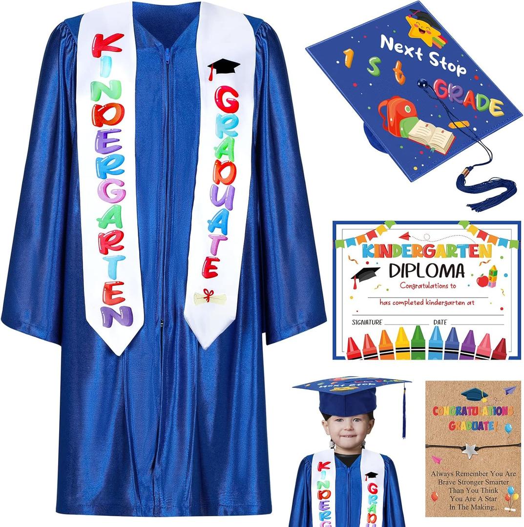 Wesiti Kindergarten Graduation Cap Gown Stole Set with Tassel Bracelet Certificate Graduation Kit Gifts for Kids (30', Blue)