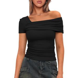 Darong Women's Summer Short Sleeve One Off The Shoulder Top Ruched Going Out Tops Slim Fit Y2K Shirt (S)