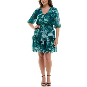 Maison Tara Women's Puff Sleeve Floral Printed Crinkle Chiffon Ruffle Hem Midi Dress (10, Navy/Teal)