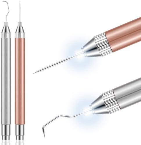 Therwen 2 Pcs LED Weeding Tools for Vinyl with Light Pin Hook Lighted Weeding Pen for Removing Iron on Tiny Vinyl Paper Silhouette Cutting Machines Supply(Rose Gold, Silver)