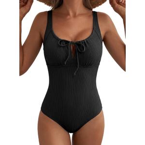 Aleumdr Womens Textured One Piece Swimsuit Tummy Control Bathing Suit Tie Knot Cutout Swimwear, Black (Medium)