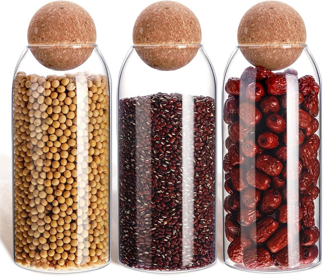 Cunhill 3 Pcs Glass Jar with Ball Cork Lid Decorative Round Bottle Sealed Canister Jar Storage Container Organizer with Airtight Wooden Lid for Food Coffee Bean Candy Biscuits Spice(1000 ML/ 34 Oz)