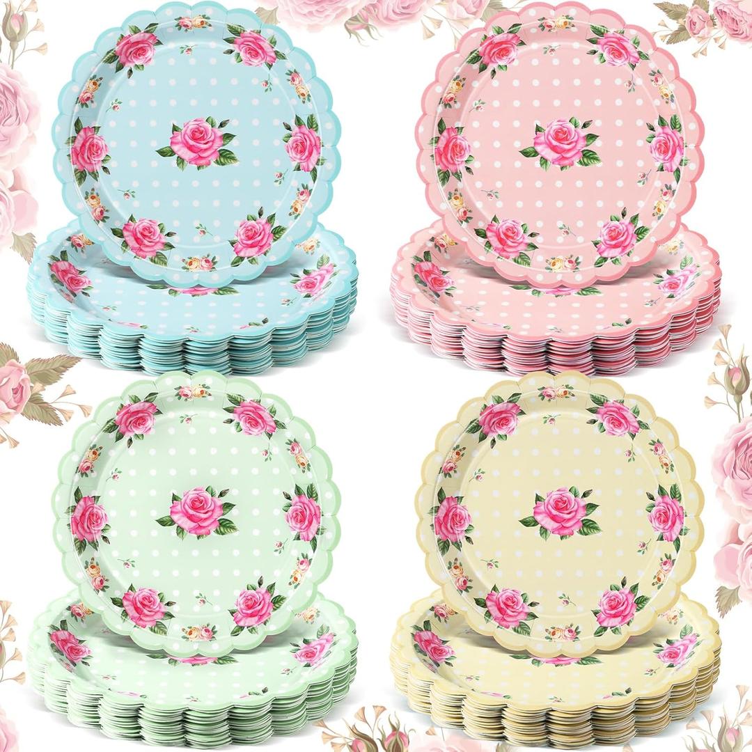 Umigy 60 Pcs Floral Tea Party Decorations 7 Inch Floral Paper Plates Disposable Blossom Dessert Saucers Sets Dessert Dishes for Girls Women Birthday Party Supplies