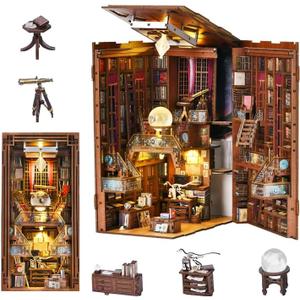 CCCDF DIY Book Nook Kit, DIY Miniature Dollhouse Booknook Kit, 3D Wooden Puzzle Bookend Bookshelf Insert Decor with LED Light for Teens and Adults (Beyond Library)