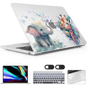 for MacBook Air 13.6 inch Case M4 M3 M2 2025 2024-2022 Release Model A3240 A3113 A2681, Sturdy Plastic Hard Shell Case & Screen Protector for MacBook Air M2 13 inch, Elephant & Giraffe