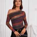 Women's Off The Shoulder Shirts Tie Dye Long Sleeve Mesh Casual Top Trendy Ruched Slim Fitted Tees (XS)