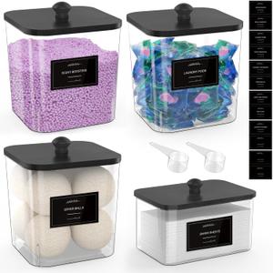 3+1 Pack Clear Laundry Pods Container & Dryer Sheet Holder, Plastic Square Laundry Room Organization and Storage Jars with Black Lids, Scoops & Labels for Detergent, Powder, Dryer Balls