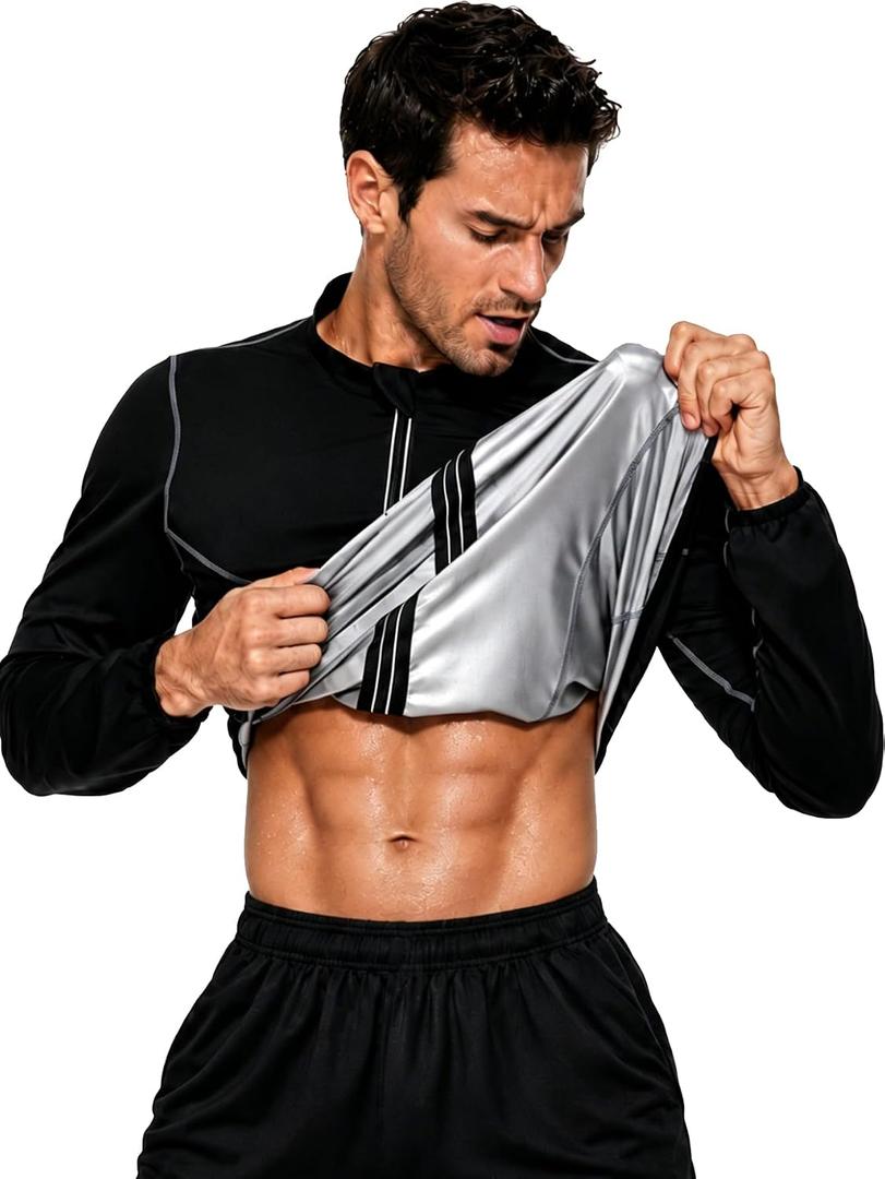 LAZAWG Sauna Suit for Men Long Sleeve Sauna Jacket Workout Sweat Shirt Zipper Top for Gym Running Fitness Exercise (Black, XXXL)